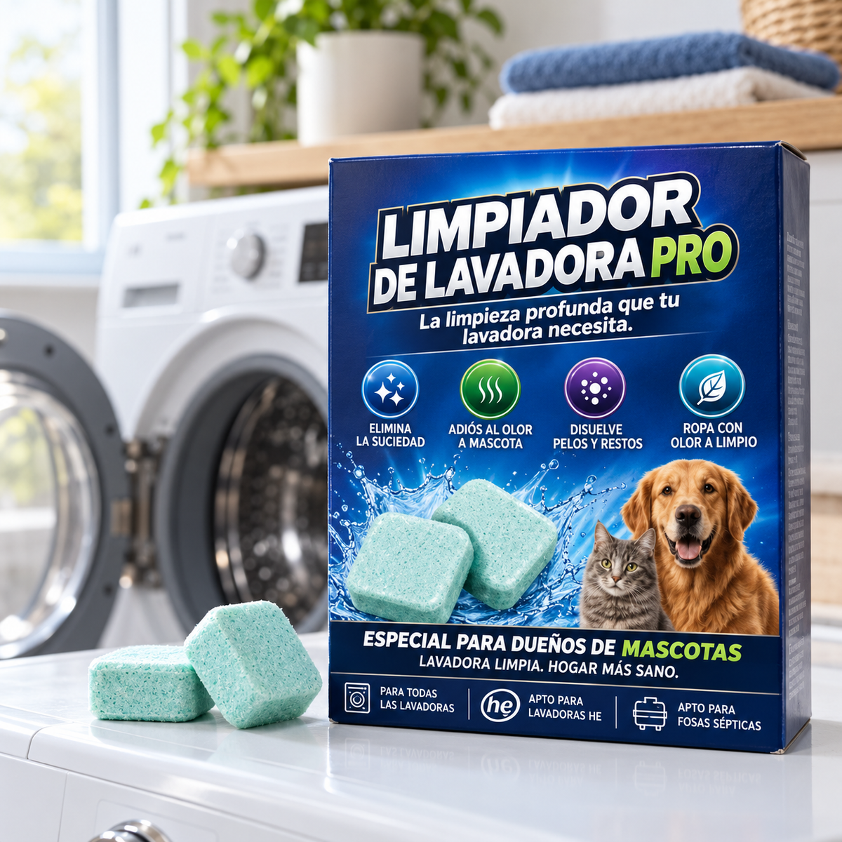 Tabletas Limpiadoras para Lavadora – Adiós al Pelo y Olor de Mascota (12 uds)